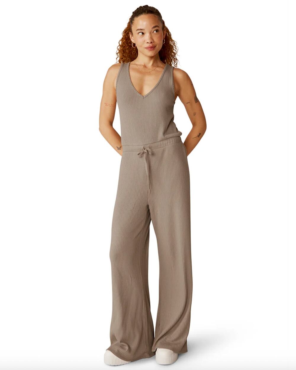 Beyond Yoga Jetsetter Rib Self Drawcord Waistband V-Neck Jumpsuit Birch L